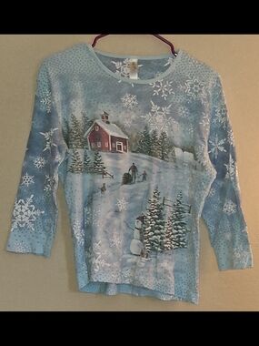 Endless Designs Women's Blue Winter Snow Scene Long Sleeve Top